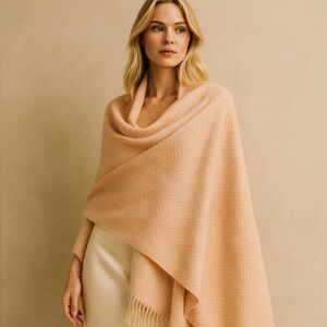 Large Cashmere Herringbone Shawl Wrap Scarf Blush Pink Cream Luxury Soft Girl